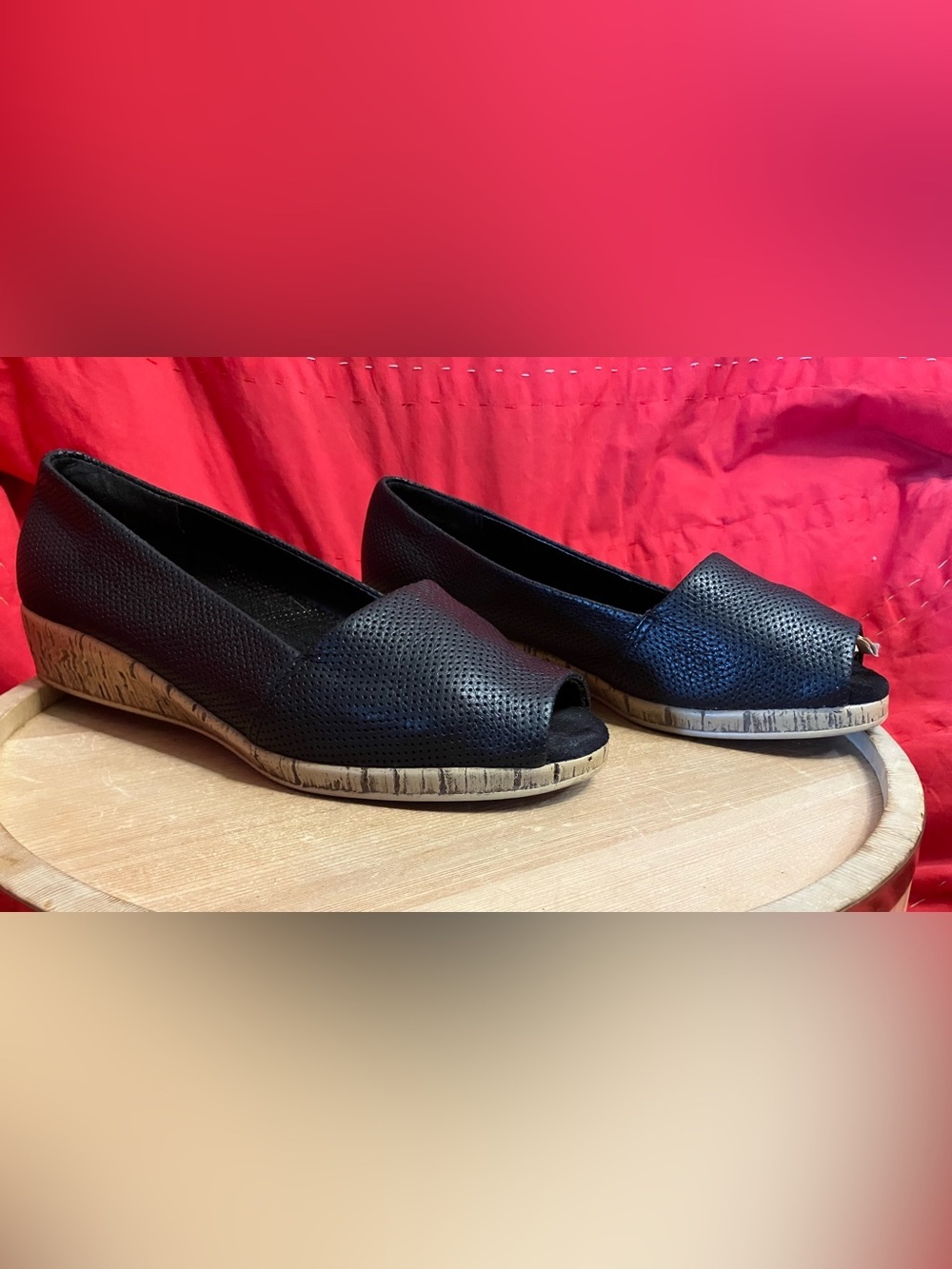 Aerosoles Perforated Black Peep Toe Faux Cork Wedge Pumps Size 7